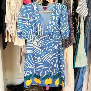 STAUD Blue and White Abstract Midi Dress